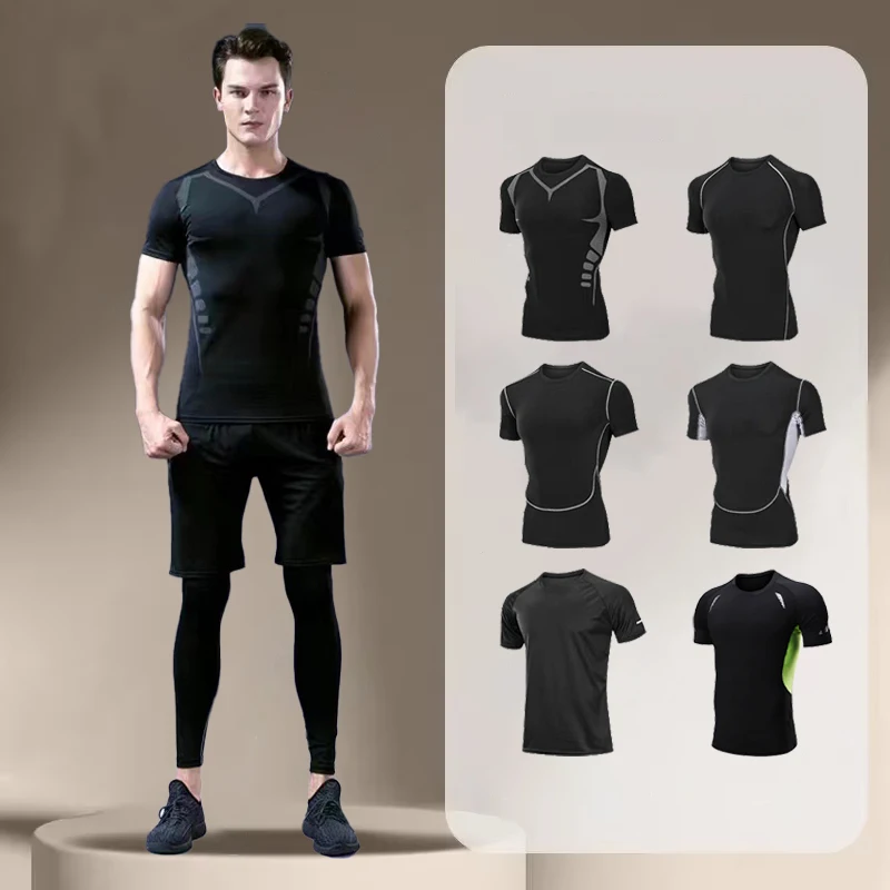 Summer High Elastic Short-sleeve Quick-drying men's t-shirt Top Sports Fitness Clothing Breathable Sweat-Wicking