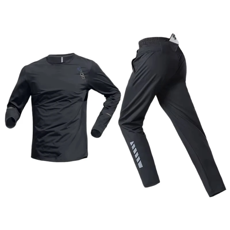 Men Sportswear Set Autumn Winter Fitness Clothes Training Long-sleeved Trousers with Phone Storage Professional Running Clothes