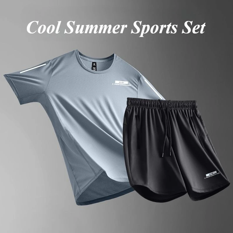 2025 Summer New Fashion Casual Sports Suit Ice Silk Quick Dry Men's T-shirt Lightweight Running Moisture Wicking Wrinkle Free