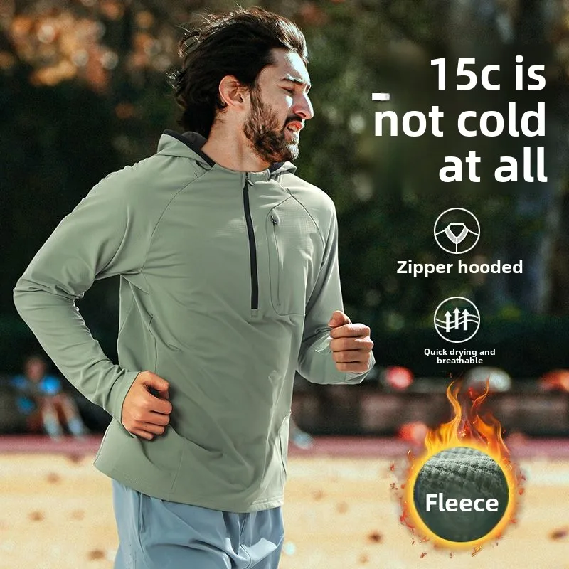 Men's Winter Running Jacket Plush Warm Cube Half-Zip Hooded Quick-Dry Training Coat Track Suit Men's Clothing New