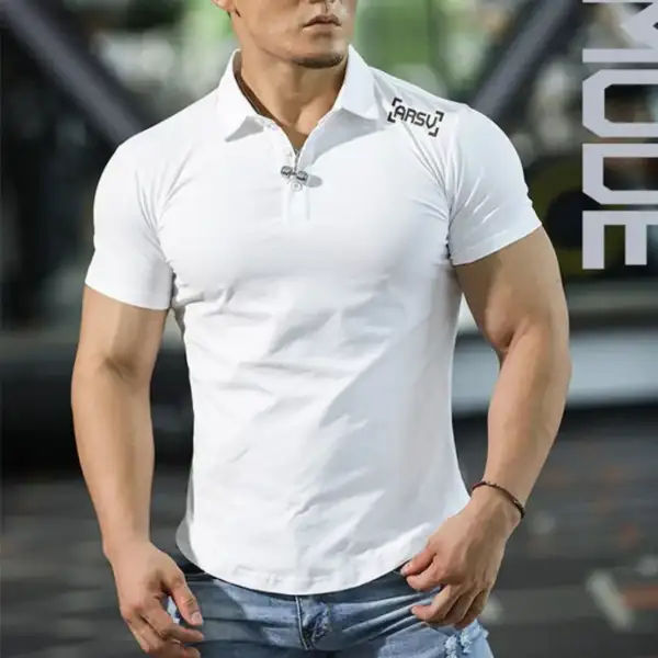 Men's Slim Fit Stretch Muscle Athletic Coach Sports Fitness Gym Running Cycling Hiking Camping Track Breathable Short Polo Shirt - Image 2
